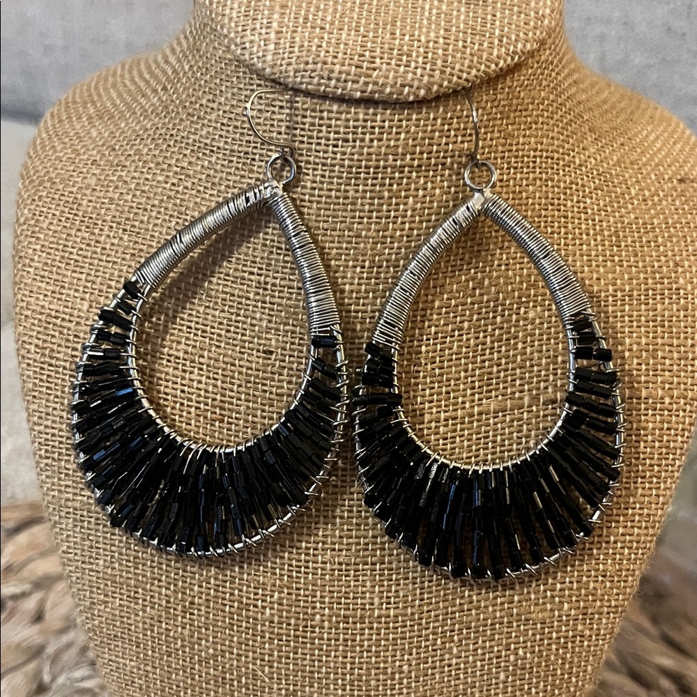 Silver-tone Black Bugle Bead‎ Teardrop Earrings
